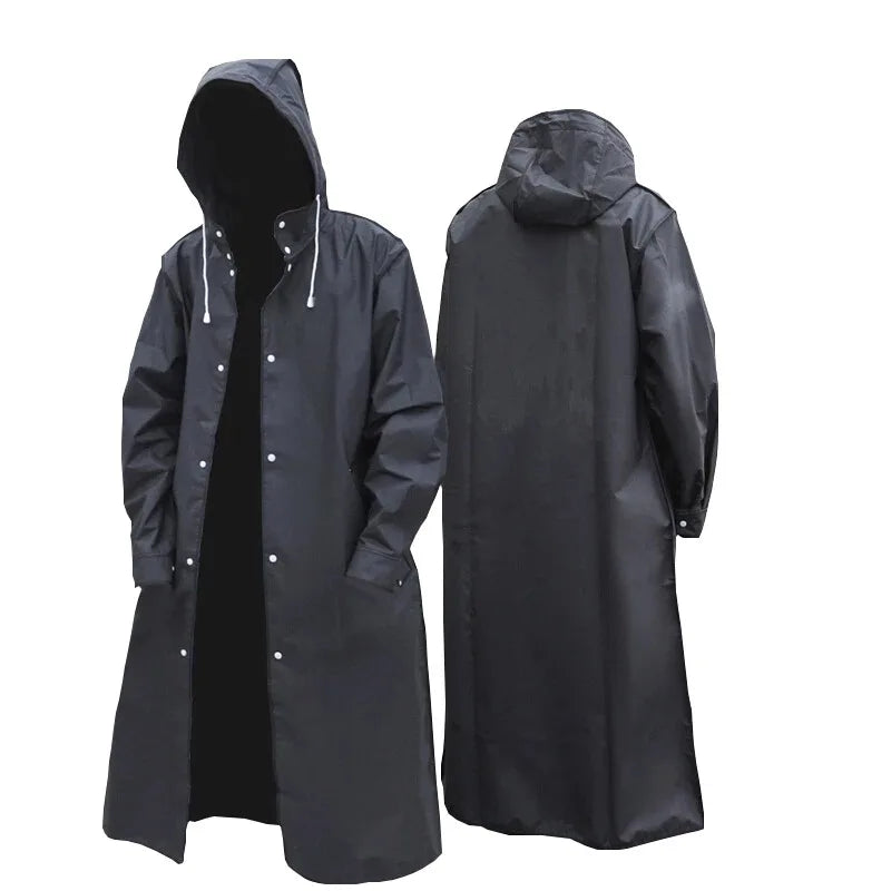 OEM New Design Black Waterproof Raincoat Fashion Women Men Long Hooded Rain Coat Jacket With Custom Logo for Fashionable Adults