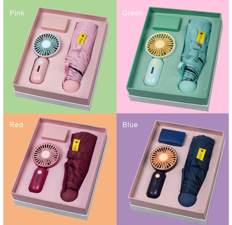 Electric Fan & Mini Pocketable 5-Folds Umbrella Contemporary Design UV Protected Fabric Paraguas Summer Gift Set Corporate Use