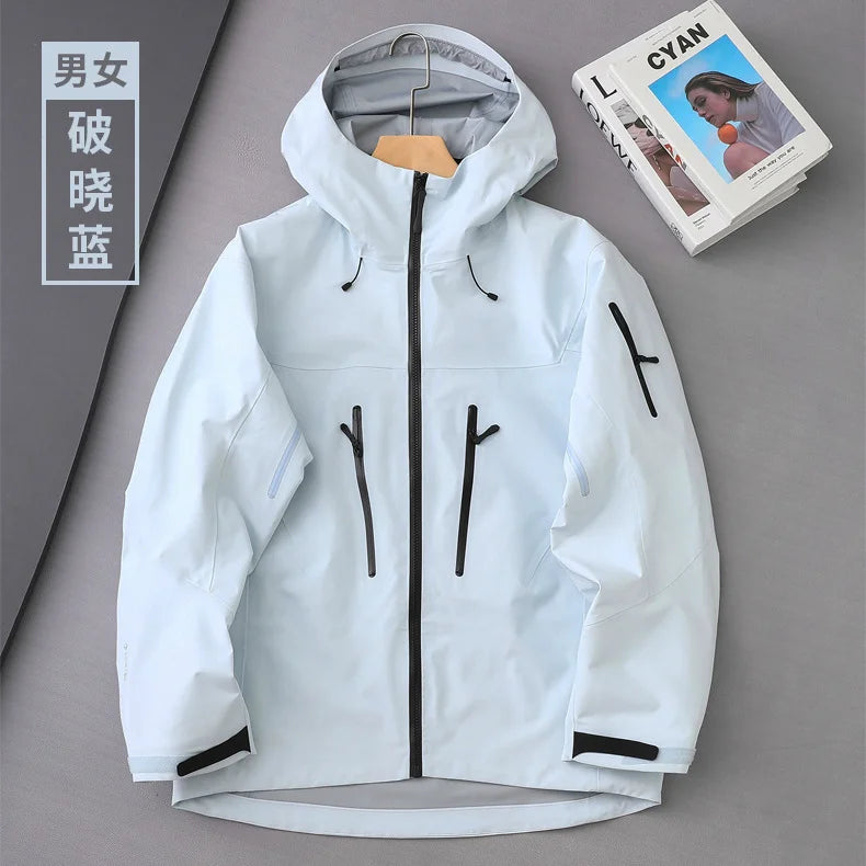 Men's Women's Lightweight Hard Shell Waterproof Rain Jacket Stand Collar with Zipper Closure Coated Fabric for Autumn Spring