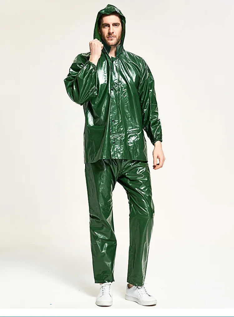 PVC Split Reusable Rain Coat With Pants Waterproof Fishing Rain Gear Motorcycle Suit Logo Decorated for Hiking With One Pocket