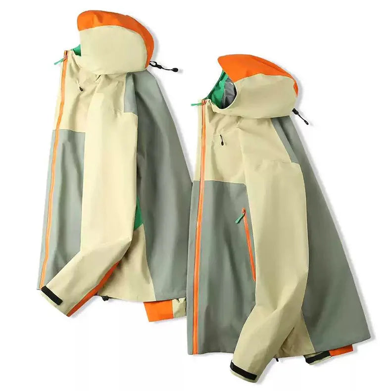 Unisex Outdoor Waterproof Windbreaker Contrast Color Hooded Jacket Assault Suit for Men Women XL Size Zipper Closure Raincoat
