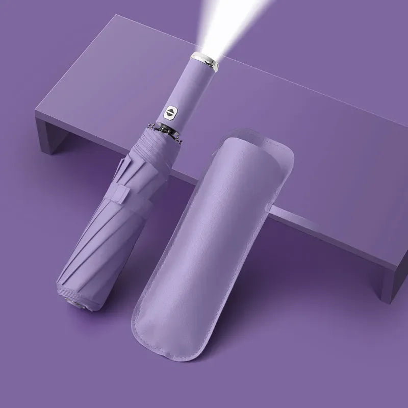 Classic Three-folding LED Umbrella Handle Flashlight Coating Fully-automatic Plastic With Automatic Open Close Anti-uv Black 500