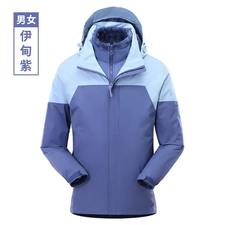 Men's Women's Waterproof Two-Piece Outdoor Riding Travel Mountaineering Three-in-One Jacket for Winter Hiking Zipper Closure