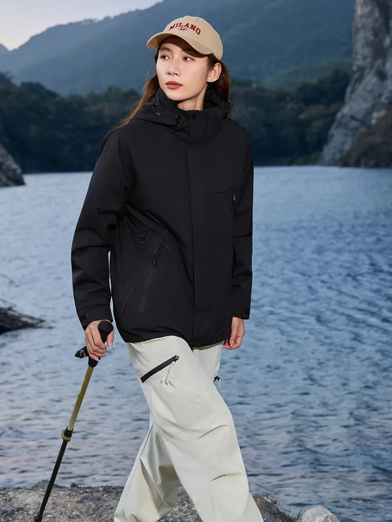 Unisex Winter Fleece Three-in-One Hooded Jacket Removable Zipper Closure Soft Nylon Shell Waterproof for Technology