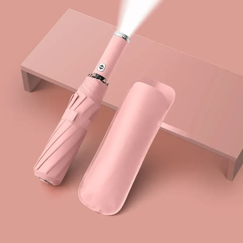 Classic Three-folding LED Umbrella Handle Flashlight Coating Fully-automatic Plastic With Automatic Open Close Anti-uv Black 500