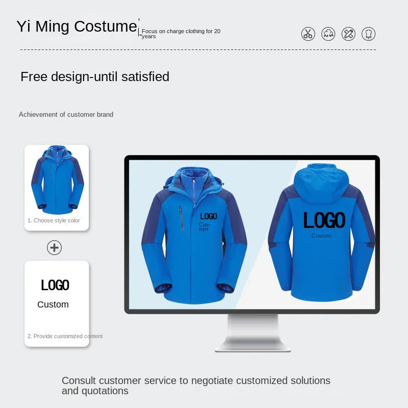 Three-in-One Winter Fleece Jacket for Men and Women Two-piece Detachable Windproof Waterproof Warm Thickened Stand Collar Zipper