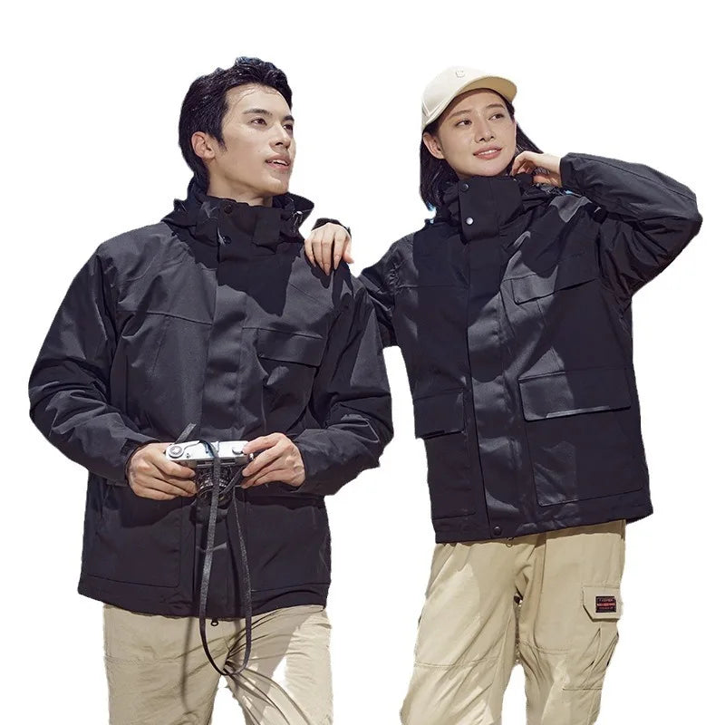 Men's Women's Three-in-One Detachable Winter Solid Outdoor Two-Piece Waterproof Windproof Thick Fleece Mountaineering Jacket Ski