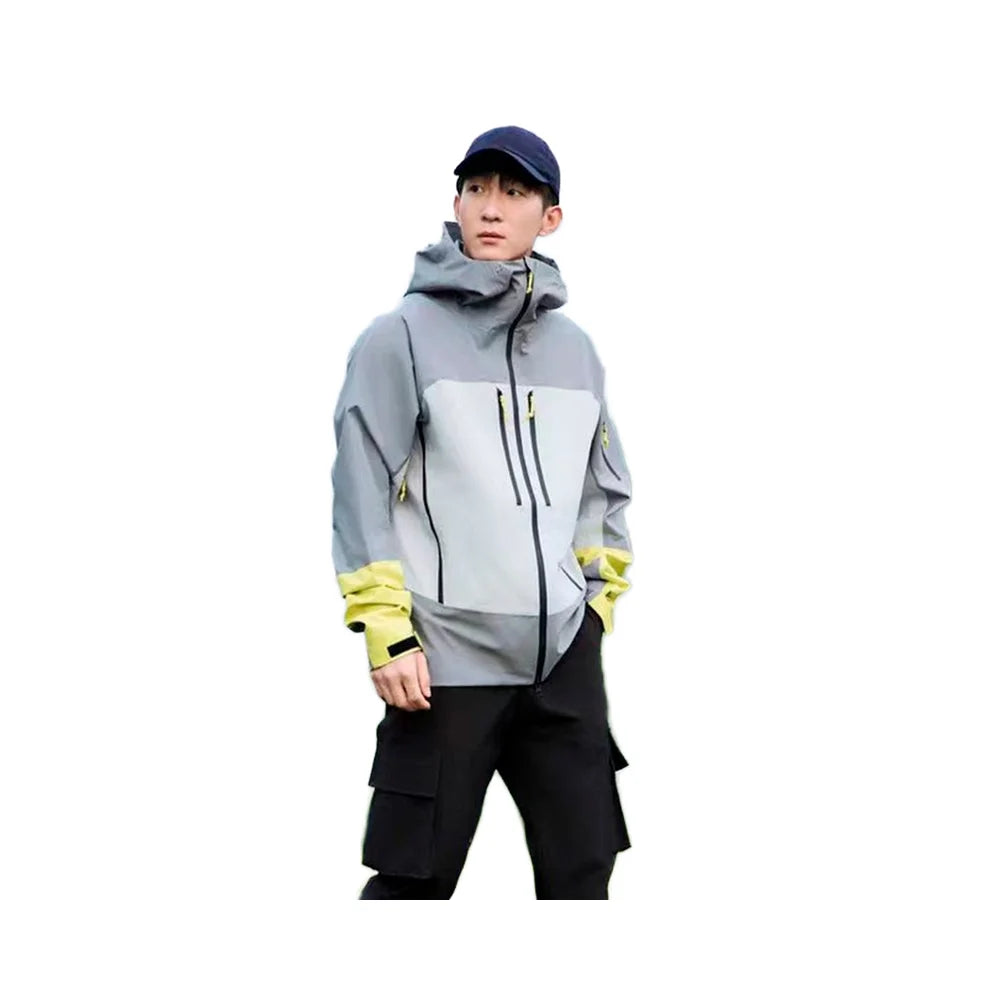 Nordic Soft Hard Shell Winter Jacket Waterproof Outdoor Warm Hiking with Stand Collar Zip Closure Solid Color-Blocked Size 3XL