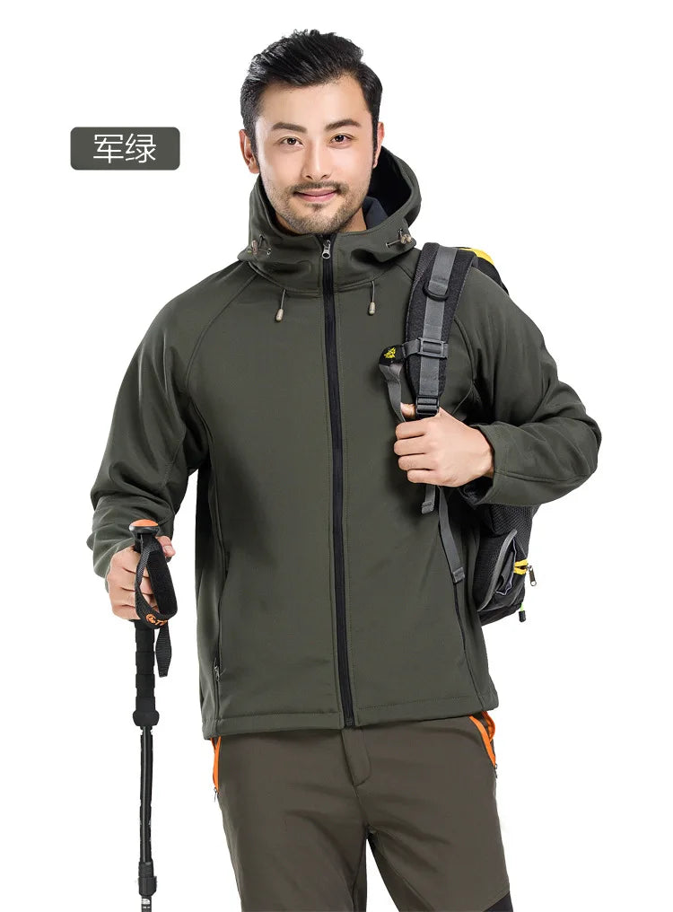 Outdoor Soft Shell Jacket for Men Women Stand Windproof Fleece-Lined Thickened for Spring Winter Mountaineering Plus Size