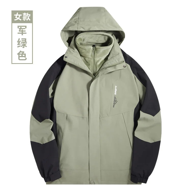 Autumn Winter Three-in-One Detachable Tibetan Mountaineering Jacket for Men Women Stand Windproof Waterproof Two-Piece Outdoor