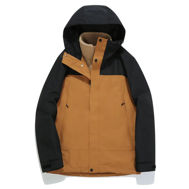 Autumn Winter Solid Stand Collar Unisex Three-in-One Two-Piece Detachable Windproof Waterproof Cold-Proof Ski Jacket