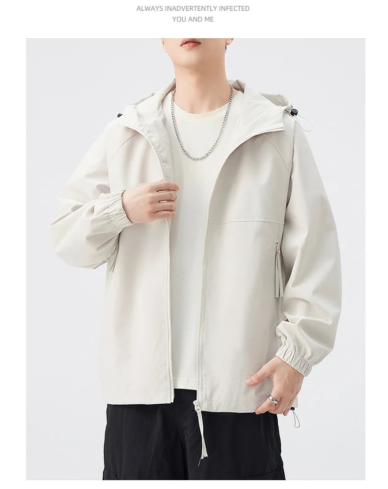 Lightweight Men's Rain Jacket for Autumn Spring Windproof 3D Embroidery Logo Zipper Prints Stand Breathable Coated for Outdoor