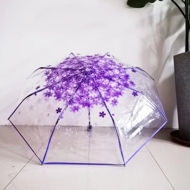 Wholesale Travel Sakura Cherry Printing Transparent 3-Folding  Umbrella Auto Open POE clear Umbrella Custom logo