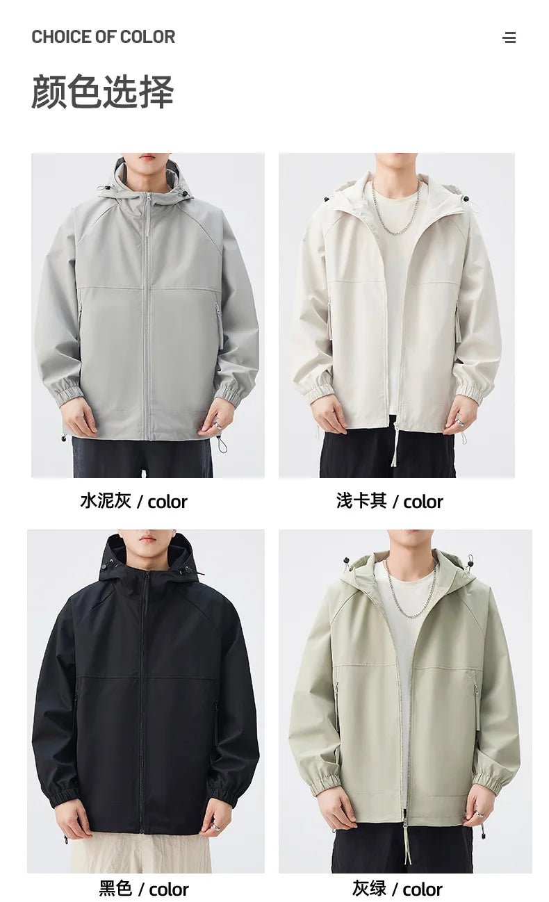 Men's Lightweight Coated Rain Jacket for Autumn Spring Windproof 3D Embroidery Logo Zipper Prints Breathable for Outdoor