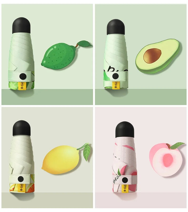 Anti UV Mini Pocket 5 Folding Golf Sun Umbrella With Fruit Printing Large Windproof Rain Umbrella for Gift