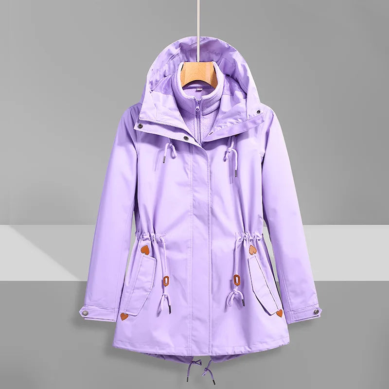 Women's Mid-Length Stylish Rain Jacket Waterproof Windproof Fall Winter Outdoor Double Layer Raincoat with Fleece Warm Inner