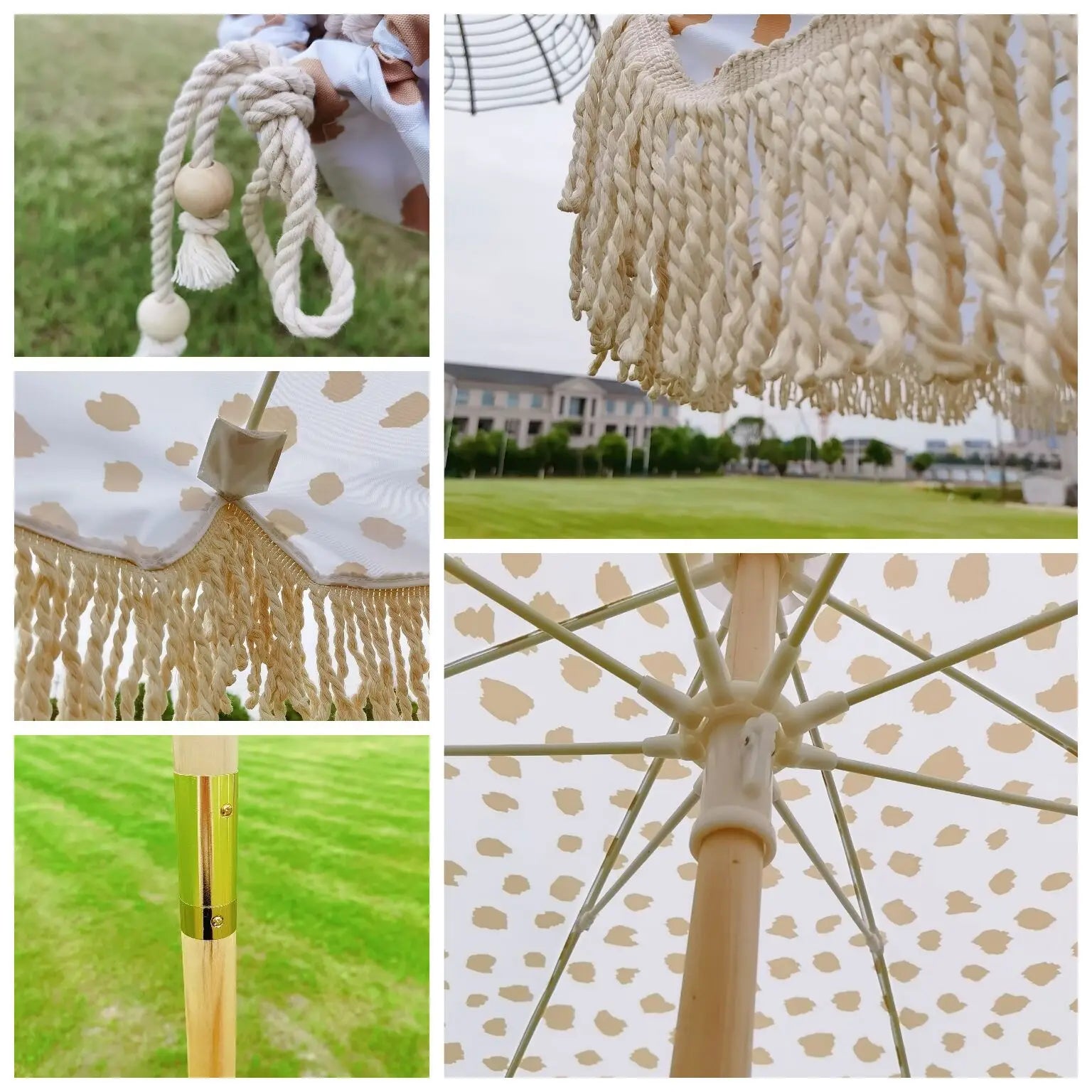 Factory Price Luxury Bohemian Straight Umbrella Hard Wood Canvas Beach Umbrella UV Protection Wooden Sun Rain Custom Logo Travel