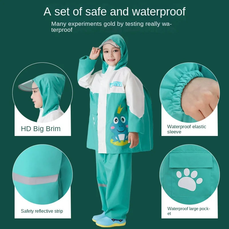 Children's Waterproof Rain Poncho Full Body Polyester Cartoon Style Raincoat Set for Boys Girls Primary School Student Rain Gear