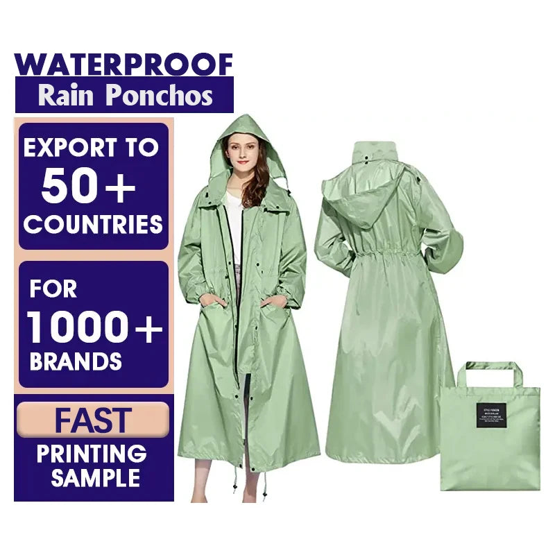 Customized Rain Jacket Women's Windproof Hooded Rain Jacket Green Long, Waterproof,Outdoor Raincoat Poncho With Adjustable Waist