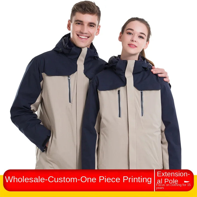 Men's Women's Outdoor Assault Coat Two-Piece Three-In-One Stand Winter Waterproof Zipper Printed Polar Fleece Liner Warm Work