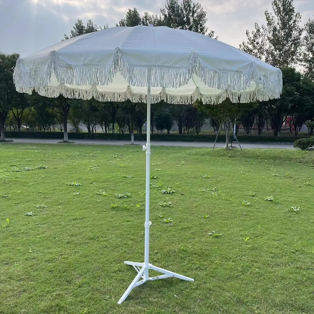 Korean Style Outdoor Large Beach Umbrella for Adults Automatic Wind Tilt With High Resistance Courtyard Beach Tassel Design