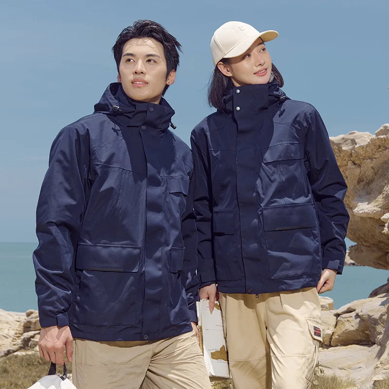 Men's Women's Three-in-One Detachable Winter Solid Outdoor Two-Piece Waterproof Windproof Thick Fleece Mountaineering Jacket Ski