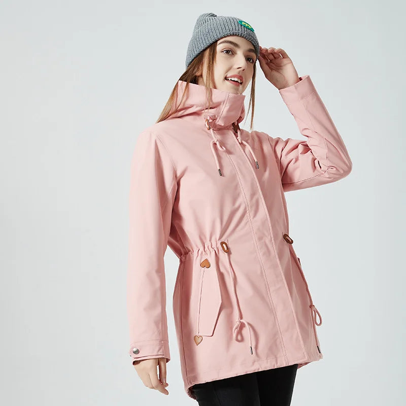 Women's Waterproof Windbreaker Jacket Mid-Length Stand Collar Rain Jacket Removable Inner Raincoat for Outdoor Fall Winter Wear