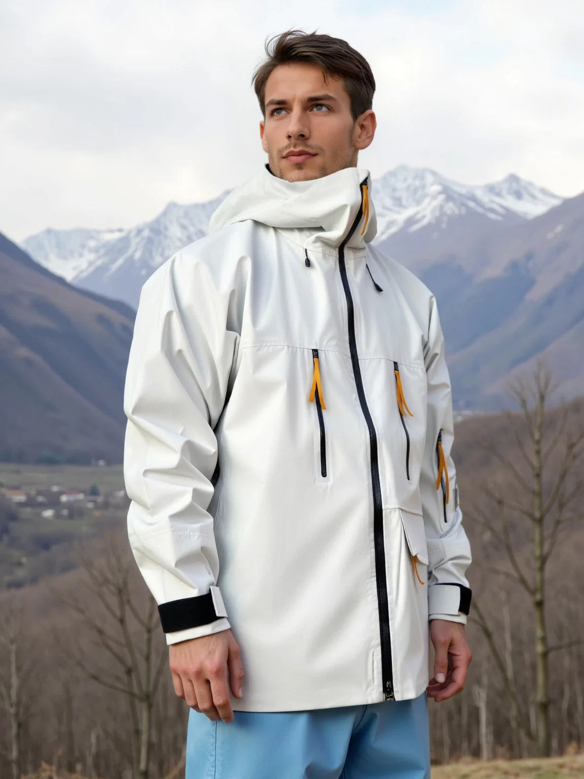 Windproof Waterproof Breathable Ski Suit with Hood Stand Zipper Windproof Jacket for Mountain Climbing Outdoor Gear