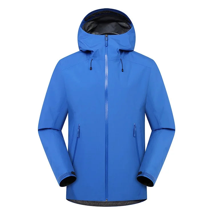 Unisex Outdoor Single Layer Light Color Rain Jacket Waterproof Hard Shell Windbreaker Jacket Zipper Hooded Raincoat for Hiking