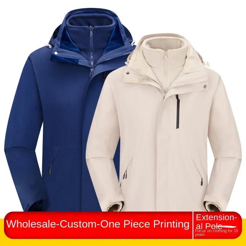 Men's Women's Waterproof Outdoor Winter Jacket Stand Detachable Three-in-One Windproof Cold-Proof Features Solid Zipper for