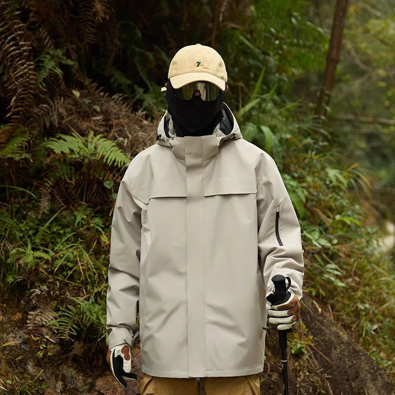 New Men's Women's Top Stand Outdoor Hard Shell Anti-Rainstorm Anti-Splashing Mountaineering Suit for Autumn Solid Zipper