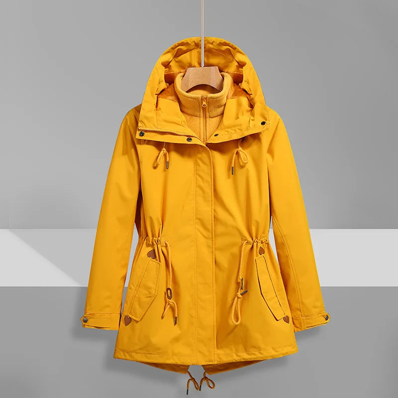 Women's Mid-Length Stand Collar Rain Jacket Waterproof Windbreaker Removable Inner Raincoat Coated for Fall Winter Outdoor Wear