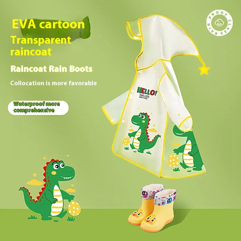 Cartoon Baby Dinosaur for Poncho Raincoat for Boys Girls EVA Waterproof Hat with Brim Rain Gauge for Primary School Kindergarten