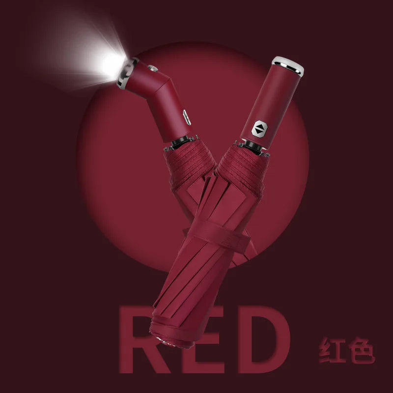 Classic Three-folding LED Umbrella Handle Flashlight Coating Fully-automatic Plastic With Automatic Open Close Anti-uv Black 500