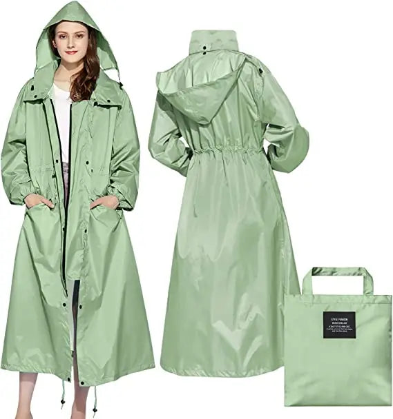 Customized Rain Jacket Women's Windproof Hooded Rain Jacket Green Long, Waterproof,Outdoor Raincoat Poncho With Adjustable Waist