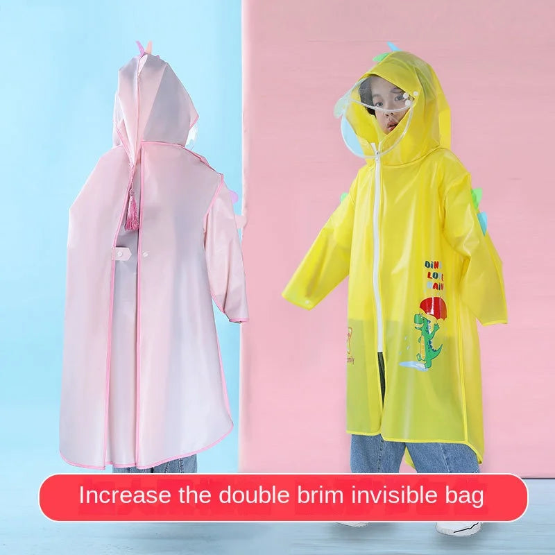 Extra-Large EVA Rain for Poncho Jacket for Primary School Children Boys Girls Big Hat Brim Cartoon Schoolbag Rain Gear for