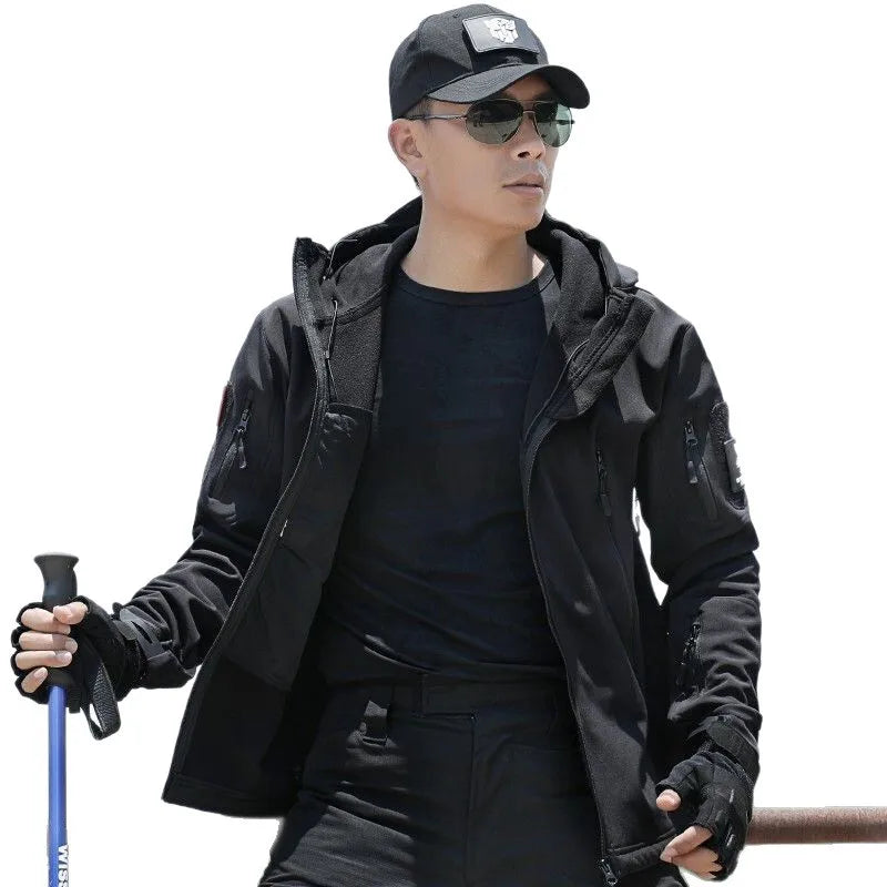 Autumn Winter Soft Shell Outdoor Clothes Men's Casual Stand Collar Jacket Windproof Waterproof Reversible Hooded Zipper Front