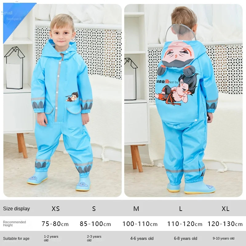 Children's Full Body Waterproof Protective Raincoat and Pants with Cartoon Yellow Duck Belt Backpack for Boys and Girls