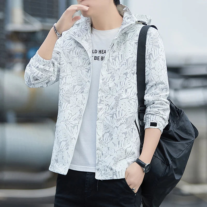 Men's Casual Print Hooded Windbreaker Jackets for Autumn Winter Sports Waterproof Windproof Fashionable for Couples Climb