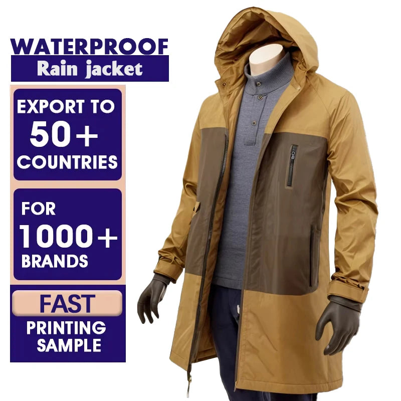 Fashion Adult European and American Coat Three Layer Fabric Long Windproof Waterproof Raincoats Hooded Long Windbreaker Raincoat