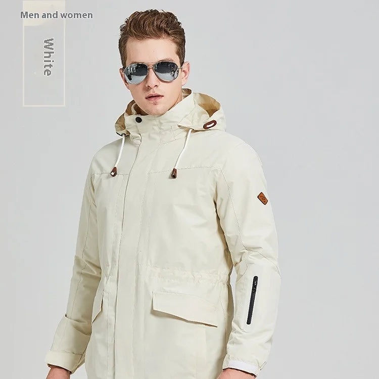Men's Women's Long Three-in-One Detachable Winter Coat Stand Zipper Waterproof Breathable Logo Embroidery Outdoor Assault