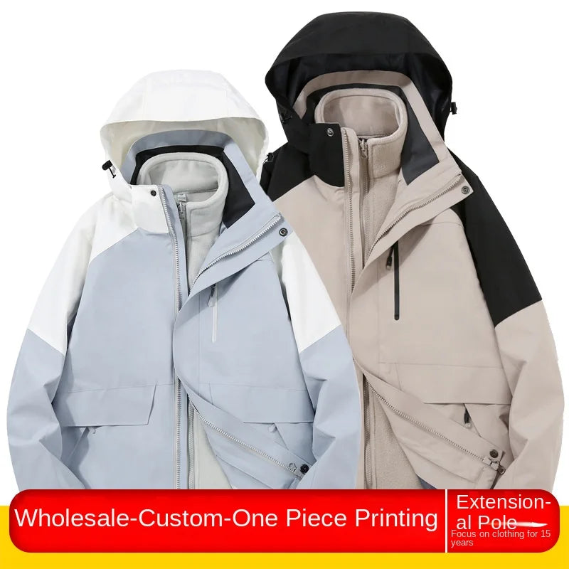 Two-Piece Charge Clothing for Outdoor Camping Mountaineering Travel-Stand Zipper LOGO Printing Three-in-One Overalls Wholesale