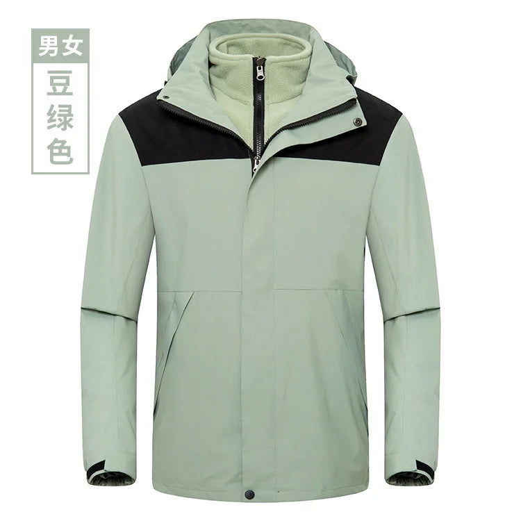 Winter Outdoor Waterproof Detachable Two-Piece Jacket for Men Women Stand Zipper Solid Three-in-One Windproof Cold-Proof