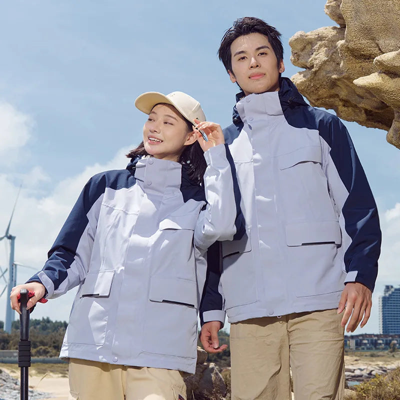 Men's Women's Three-in-One Detachable Winter Solid Outdoor Two-Piece Waterproof Windproof Thick Fleece Mountaineering Jacket Ski