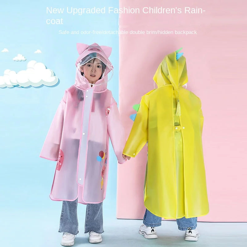 Extra-Large EVA Rain for Poncho Jacket for Primary School Children Boys Girls Big Hat Brim Cartoon Schoolbag Rain Gear for