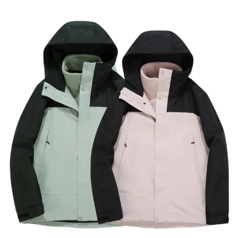 Autumn Winter Solid Stand Collar Unisex Three-in-One Two-Piece Detachable Windproof Waterproof Cold-Proof Ski Jacket