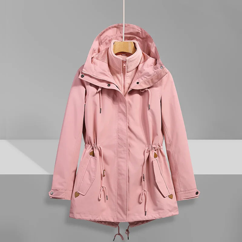 Women's Waterproof Windbreaker Jacket Mid-Length Stand Collar Rain Jacket Removable Inner Raincoat for Outdoor Fall Winter Wear