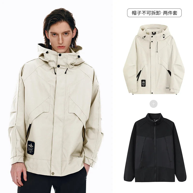 Men's and Women's Casual Autumn and Winter Hooded Two-Piece Windproof Waterproof Trench Coat for Hiking Camping Mountain Sports