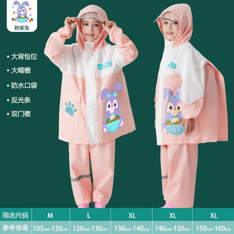 Children's Waterproof Rain Poncho Full Body Polyester Cartoon Style Raincoat Set for Boys Girls Primary School Student Rain Gear
