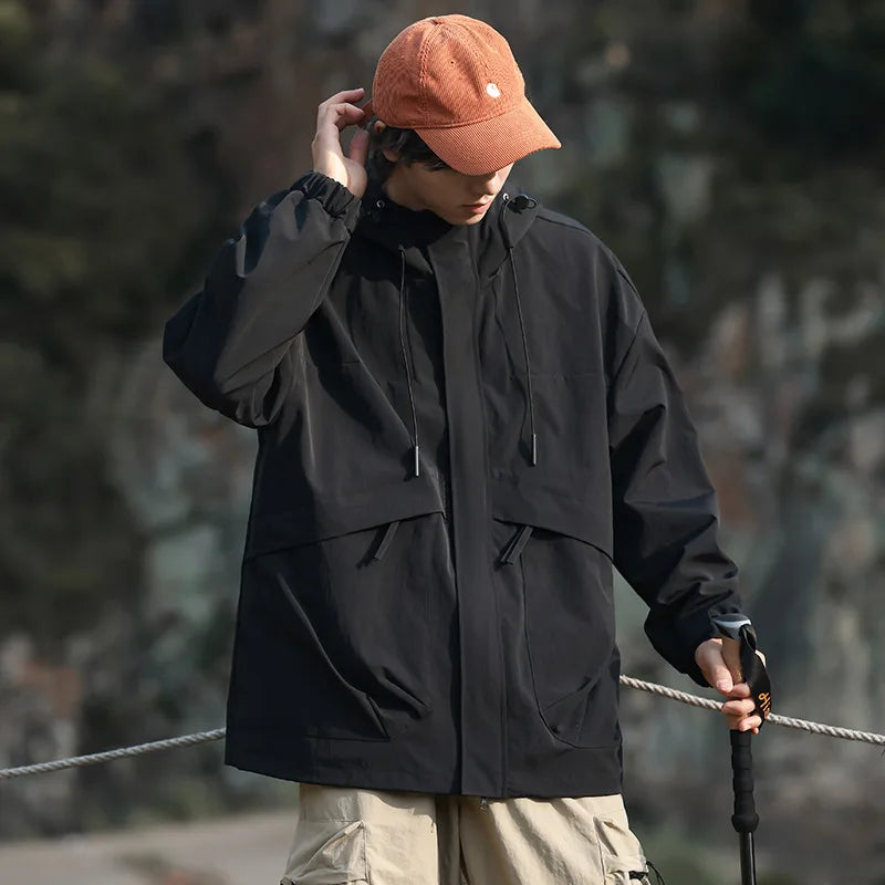 Couple Outdoor Hiking Jacket With Windproof Waterproof Cap Spring Rain Suit With Hooded Jacket Made Polyester Motorcycle Use